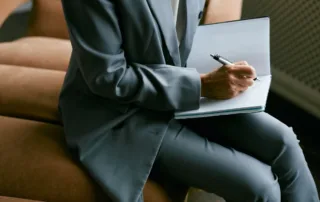 CPA reviewing financial reports and advising client on tax strategies