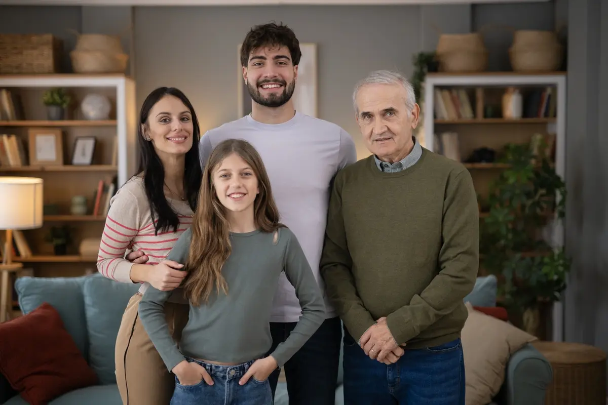 Family portrait at home illustrating how can I support my elderly parents with daily care
