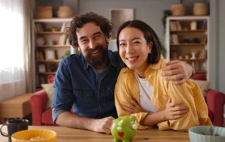 Smiling couple at home with piggy bank, illustrating what are the benefits of having a trust