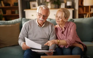 Senior couple reviews trustee papers on a couch at home, looking over documents beside a laptop