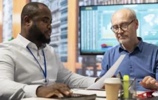 Financial banker using a calculator with senior clients to review timeshares, trust planning, and estate obligations.